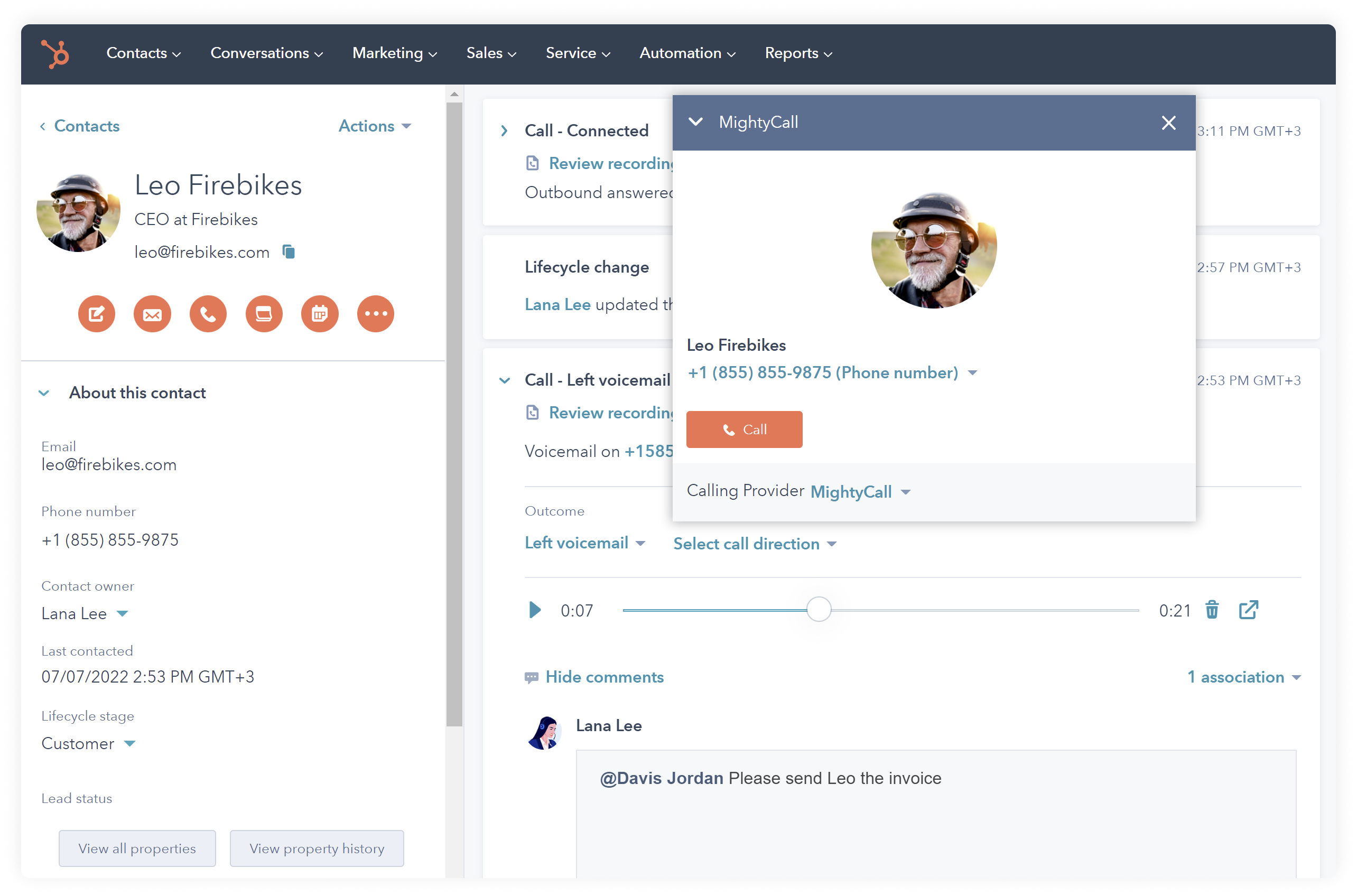 MightyCall - HubSpot integration screenshot