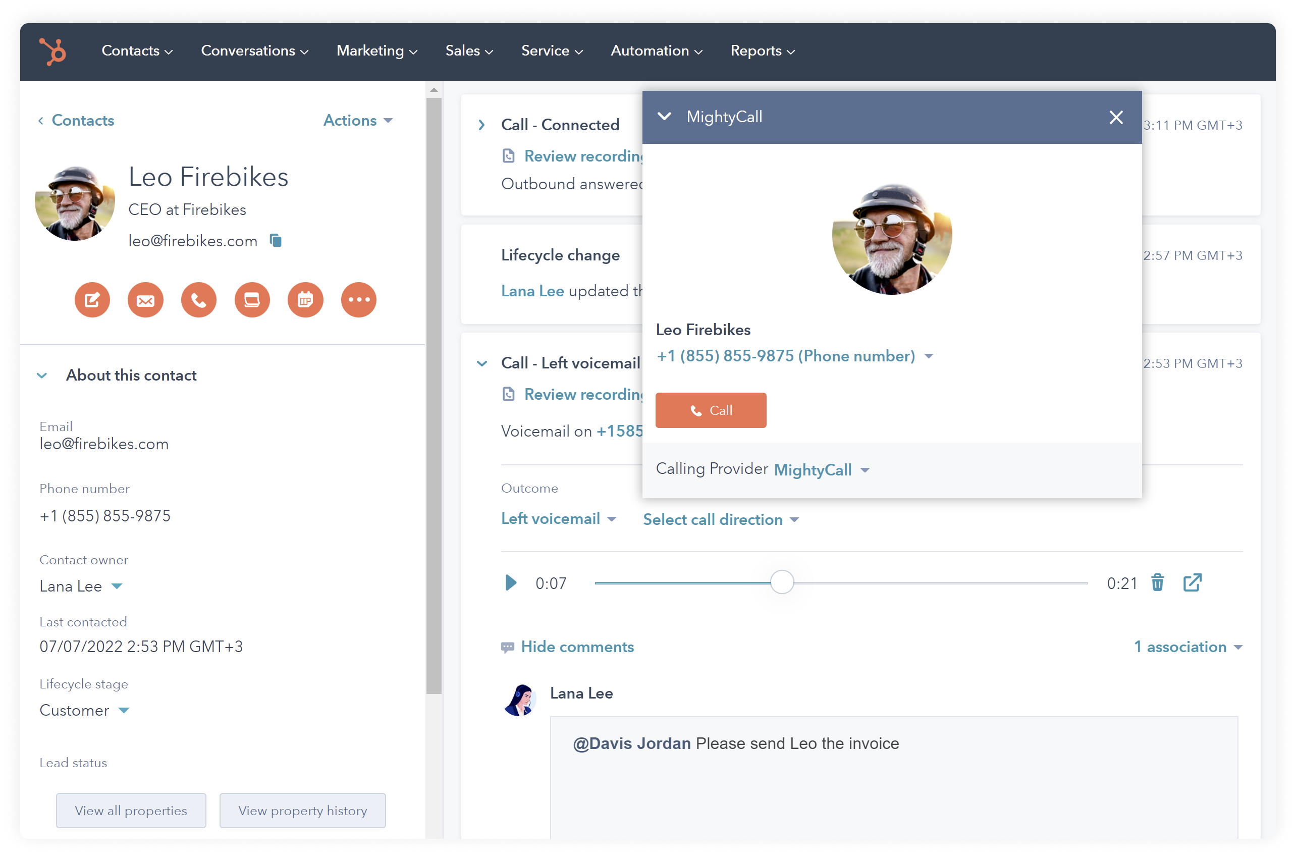 MightyCall displaying the call center interface in Hubspot with a client's profile on it