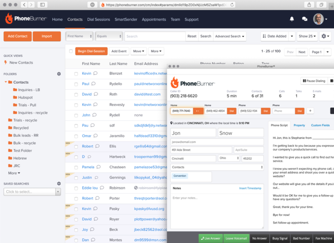 PhoneBurner interface screenshot
