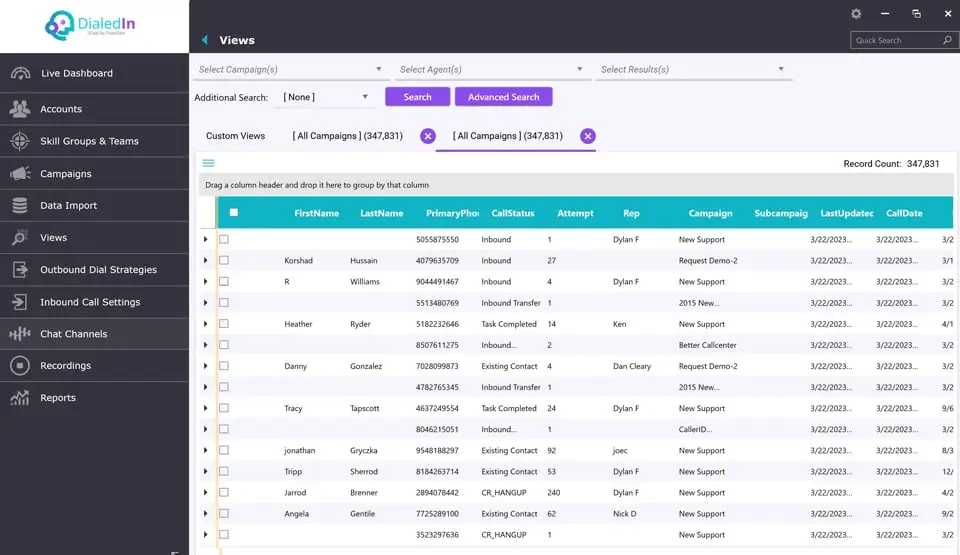 dialedin interface screenshot