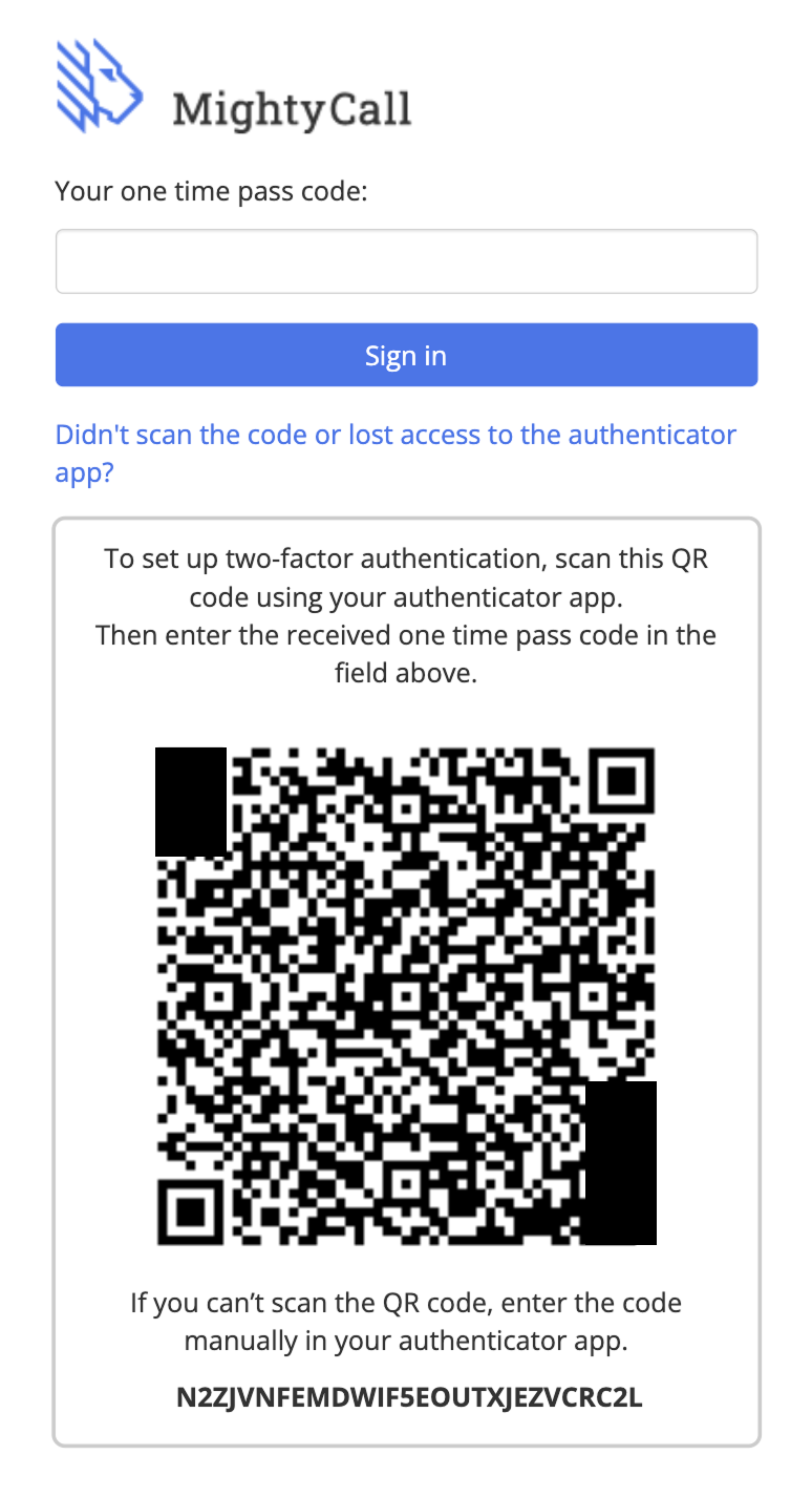 MightyCall Two-Factor Authentication qr code