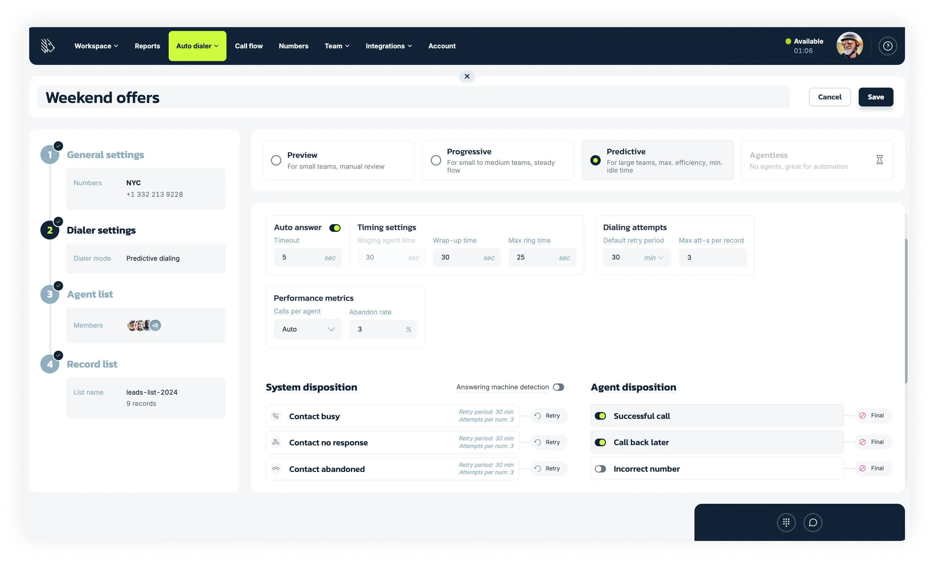 predictive dialer settings