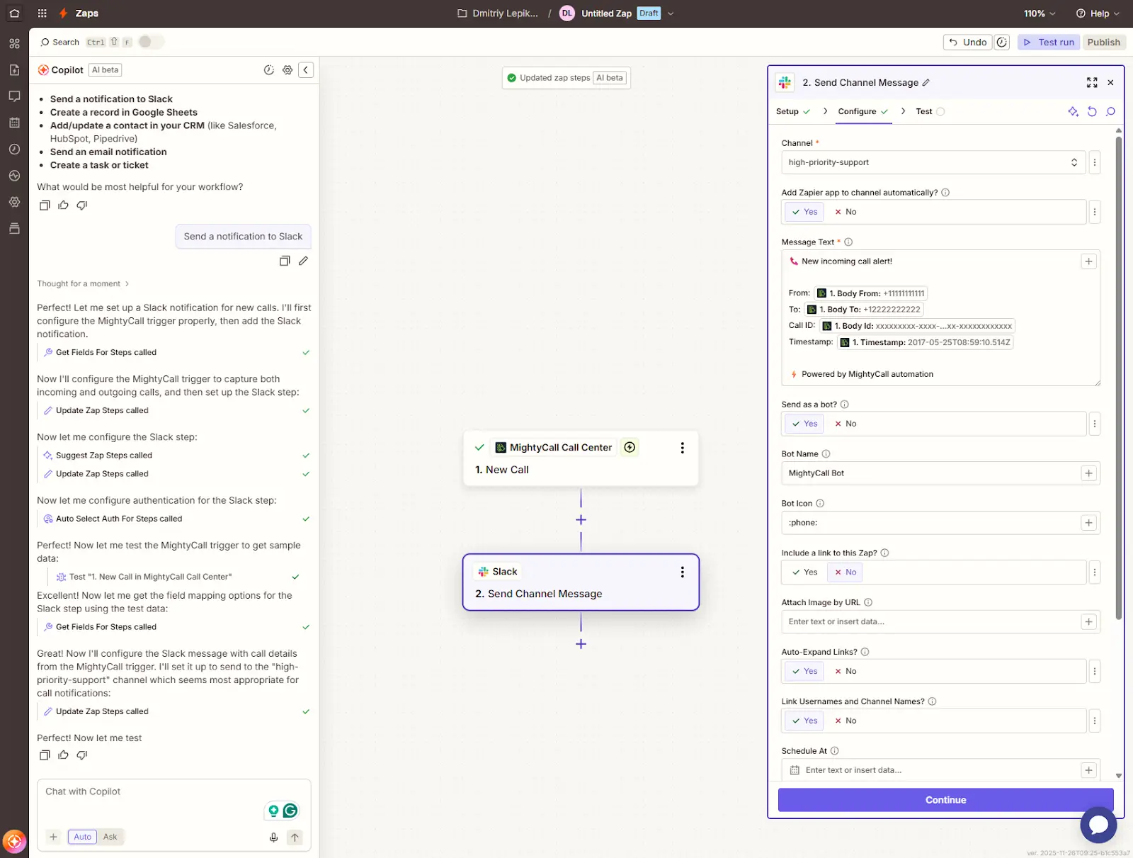 Connecting through the MightyCall app in Zapier