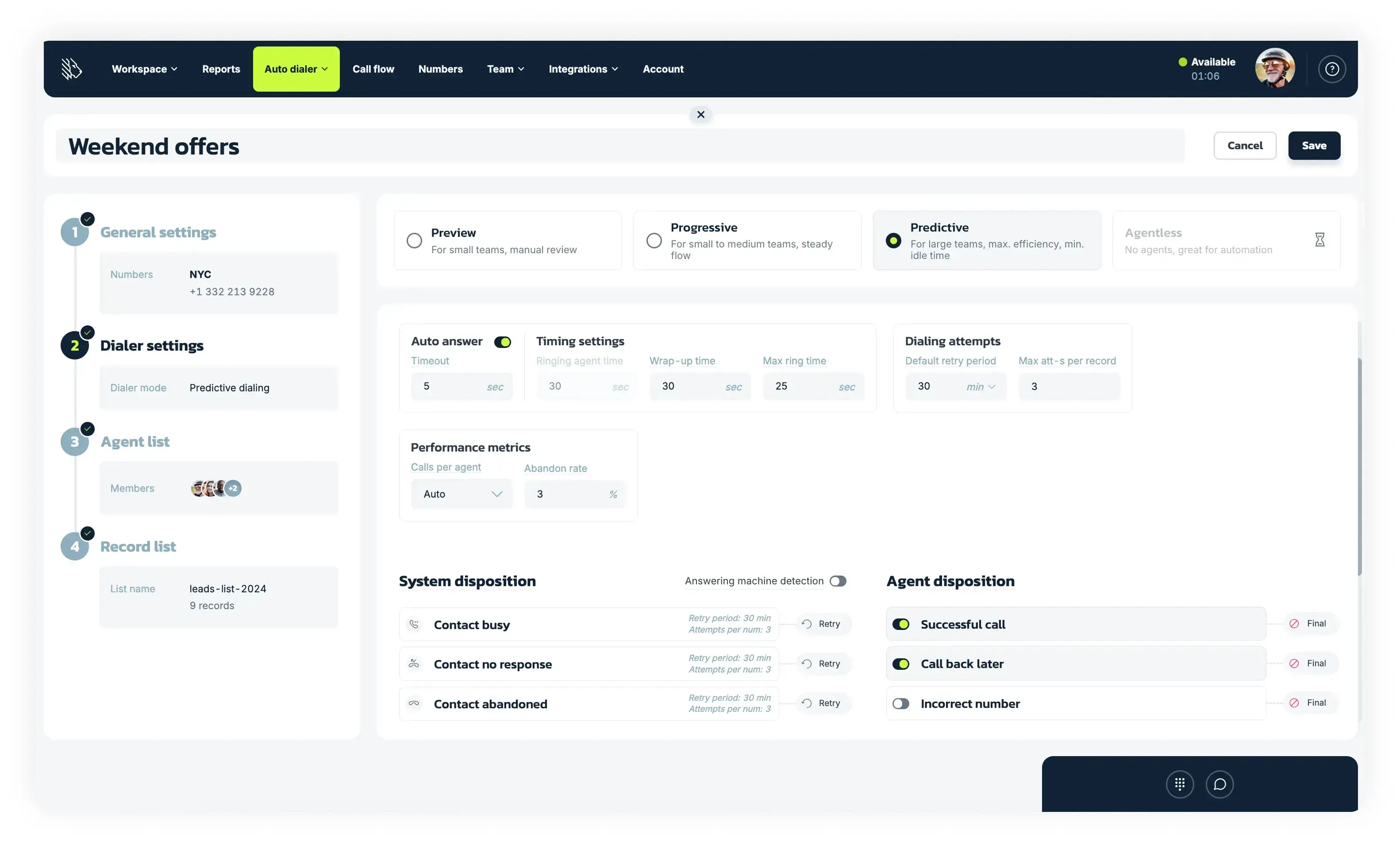 – MightyCall predictive dialer settings