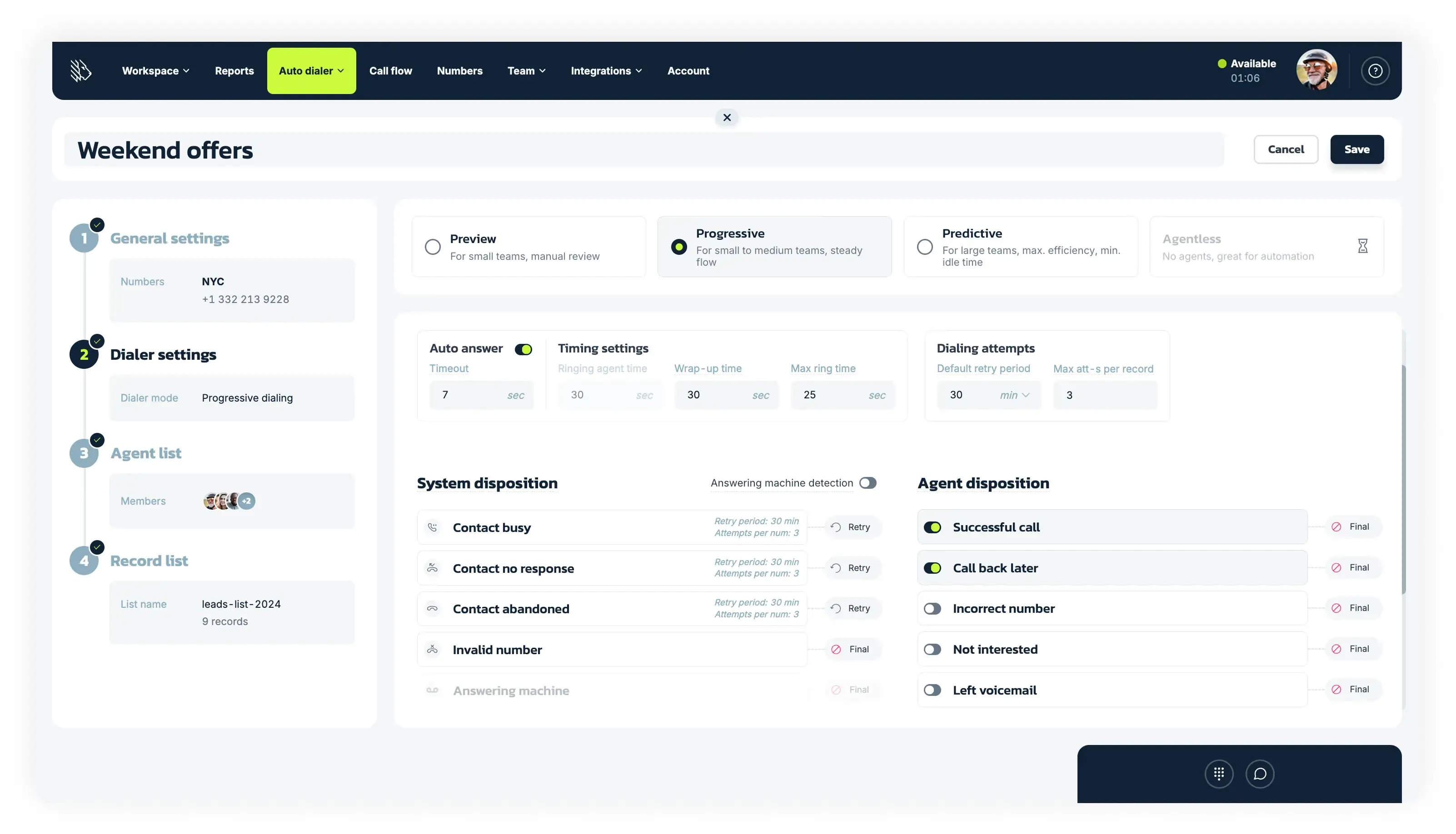 – MightyCall progressive dialer settings