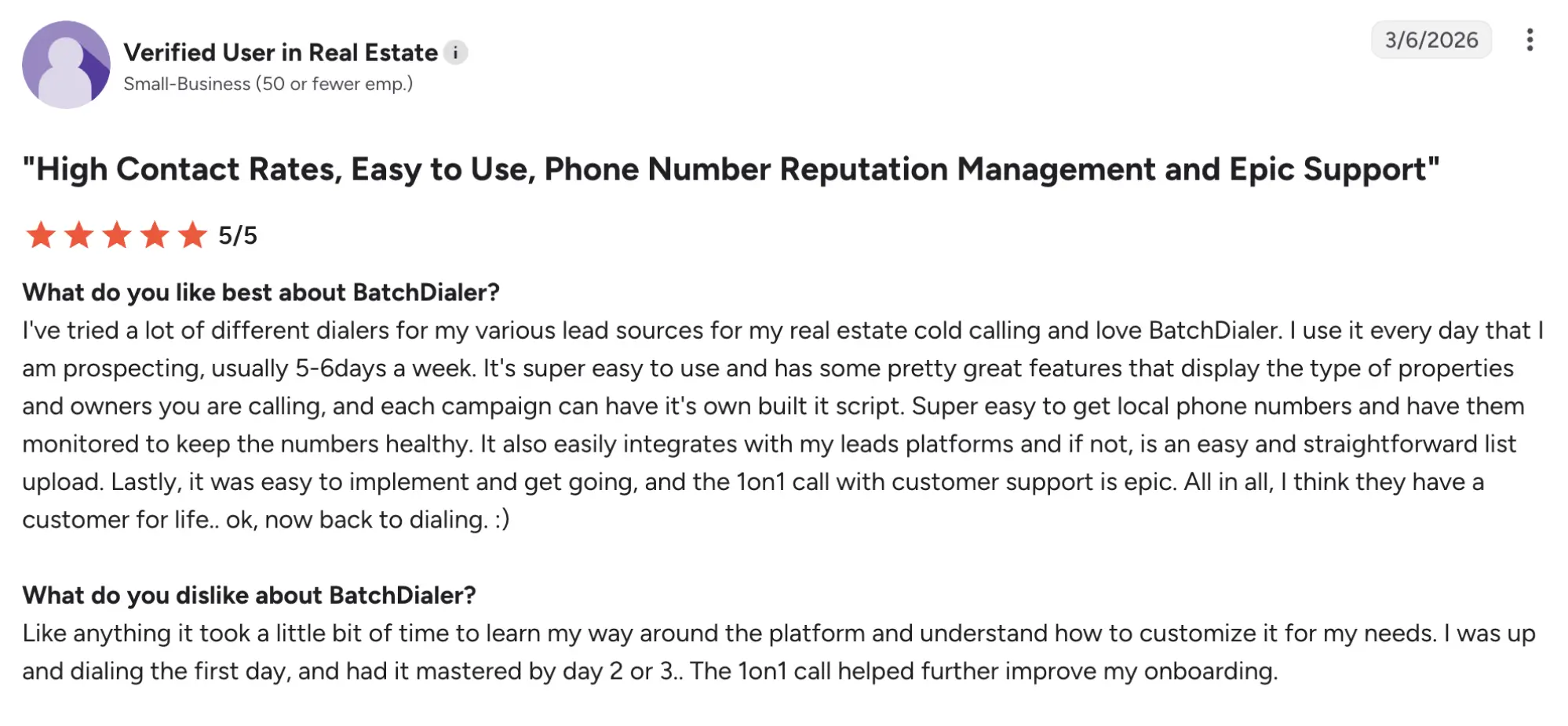 Batchdialer g2 review – MightyCall Review card for 'Verified User in Real Estate' with a purple avatar, 5/5 stars, and a testimonial about BatchDialer from a real estate user with headline 'What do you like best about BatchDialer?'