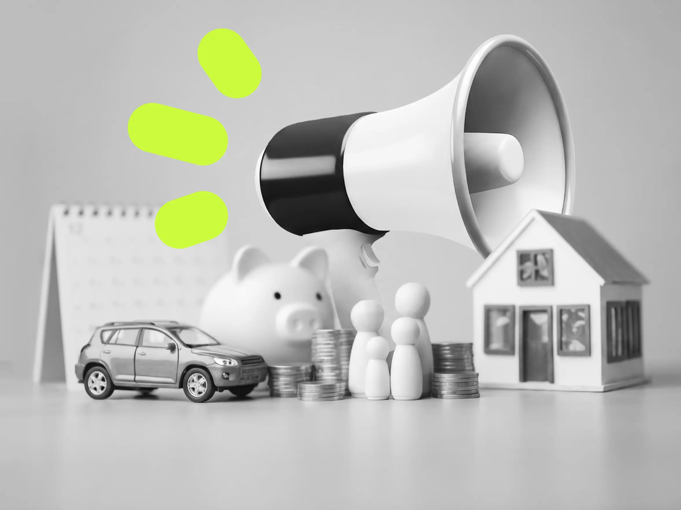Grey-scale still life of money and savings props: toy car, piggy bank, wooden people figures, stacks of coins, a miniature house, and a calendar, with bright neon yellow abstract shapes suggesting emphasis on finance/savings.