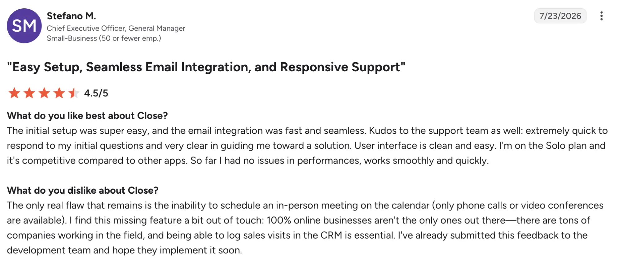 Close g2 review – MightyCall Testimonial headline: 'Easy Setup, Seamless Email Integration, and Responsive Support' with a 4.5/5 star rating and the review text below.