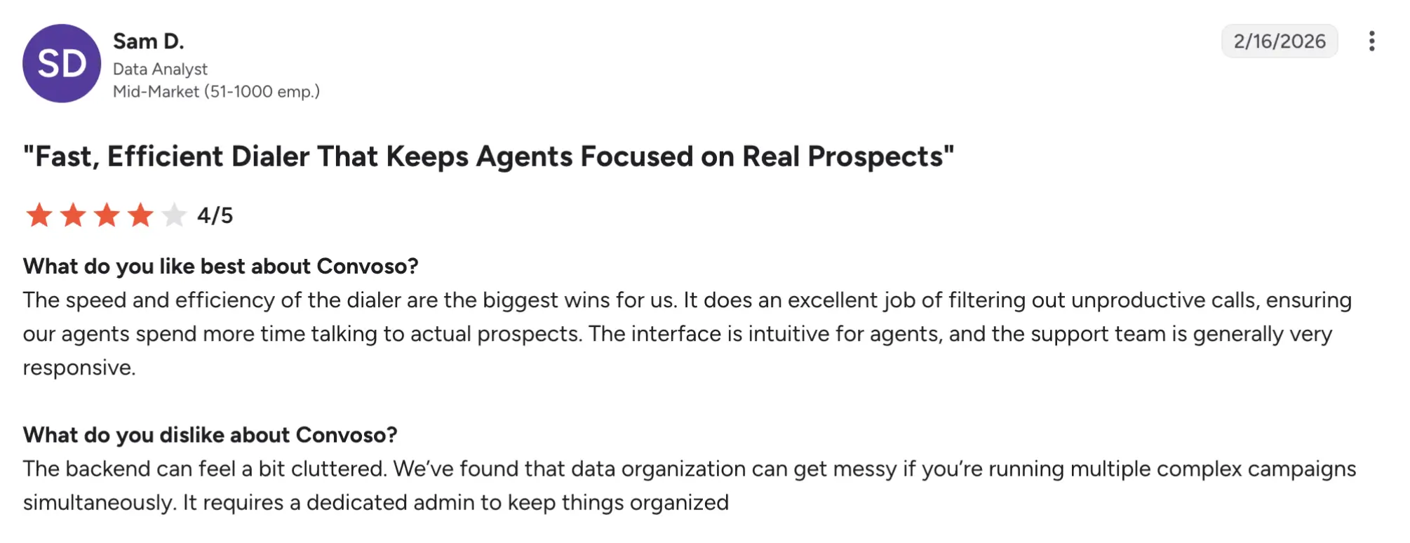 Convoso g2 review – MightyCall Testimonial card: Sam D., Data Analyst (Mid-Market), rating 4/5 for Convoso; headline reads'Fast, Efficient Dialer That Keeps Agents Focused on Real Prospects' with sections describing likes and dislikes about Convoso.
