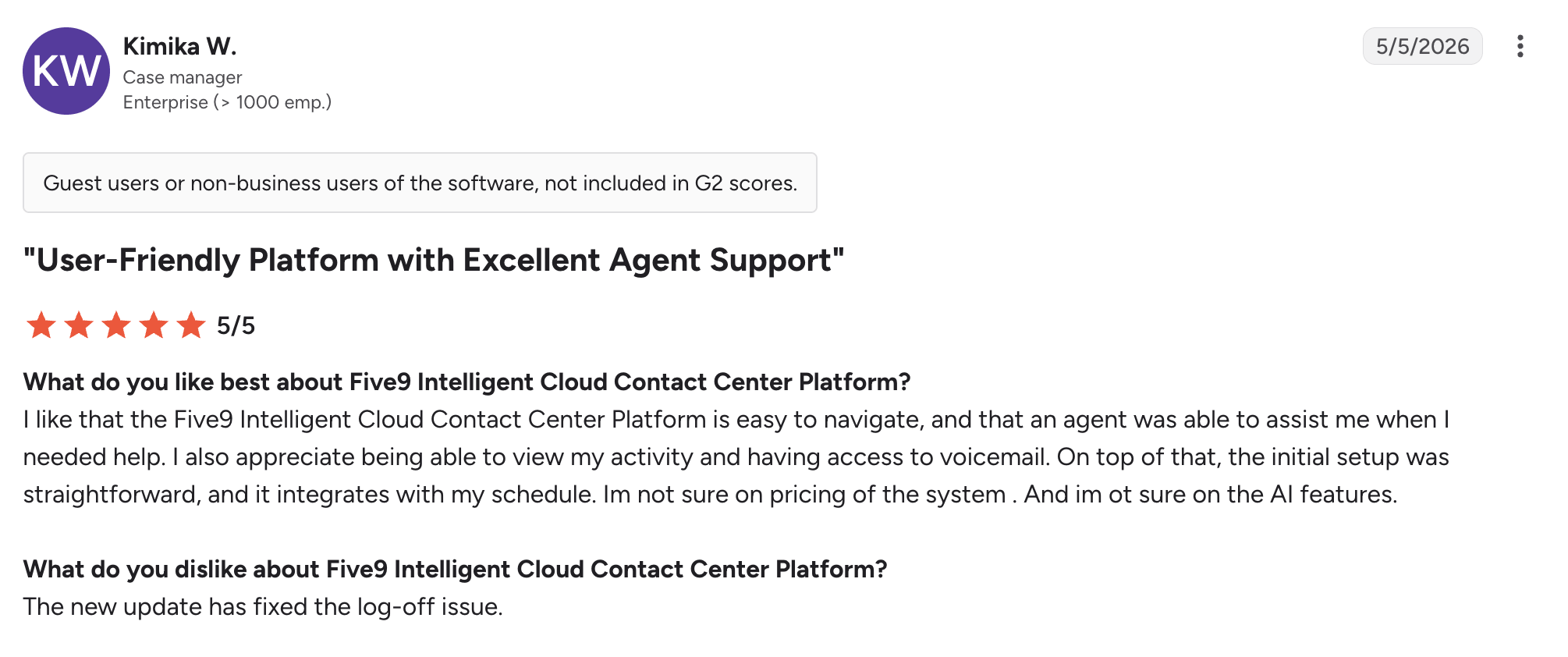 Five9 g2 review – MightyCall Review card showing Kimika W., enterprise case manager, with a five-star rating and comments praising Five9's user-friendly platform and agent support.