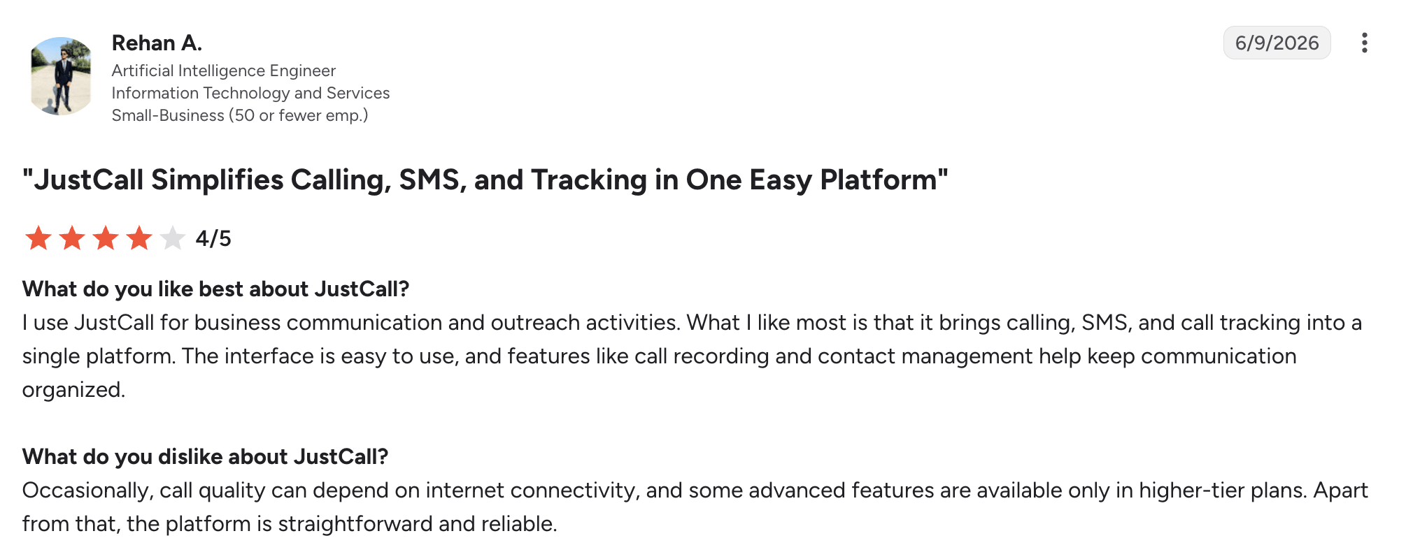 JustCall g2 review – MightyCall Testimonial by Rehan A. praising JustCall's all-in-one platform for calling, SMS, and tracking (4 of 5 stars).