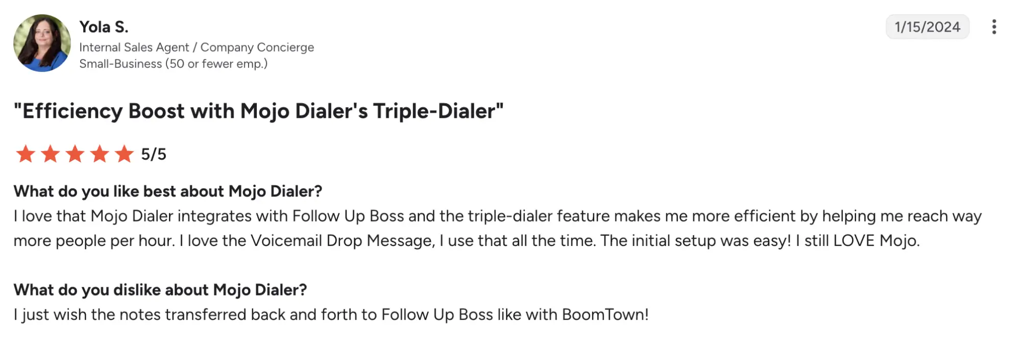 Mojo g2 review – MightyCall Profile header for Yola S., Internal Sales Agent, sharing a 5/5 rating for 'Efficiency Boost with Mojo Dialer’s Triple-Dialer' (testimonial text).