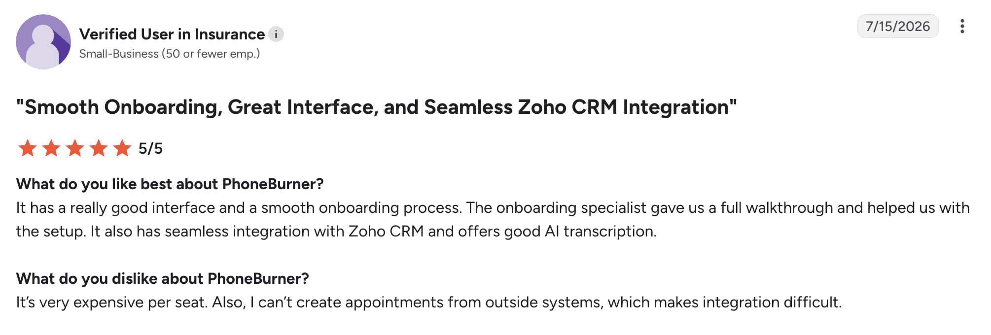 PhoneBurner g2 review – MightyCall Review by a verified small-business user in insurance (5/5) praising PhoneBurner for smooth onboarding, great interface, and seamless Zoho CRM integration; includes rating and Q&A snippet.