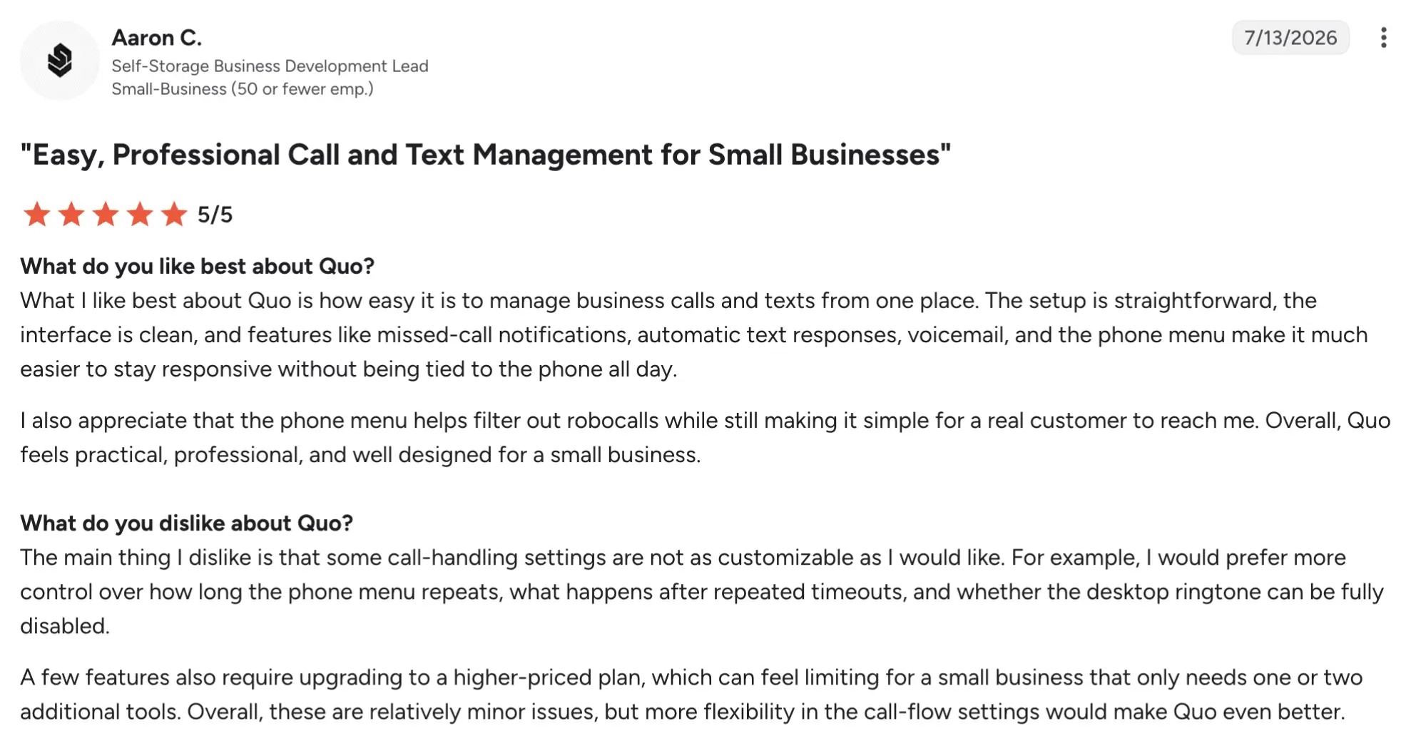 Quo g2 review – MightyCall Screenshot of Aaron C.'s Quo review: 5/5 stars and the quote 'Easy, Professional Call and Text Management for Small Businesses.'
