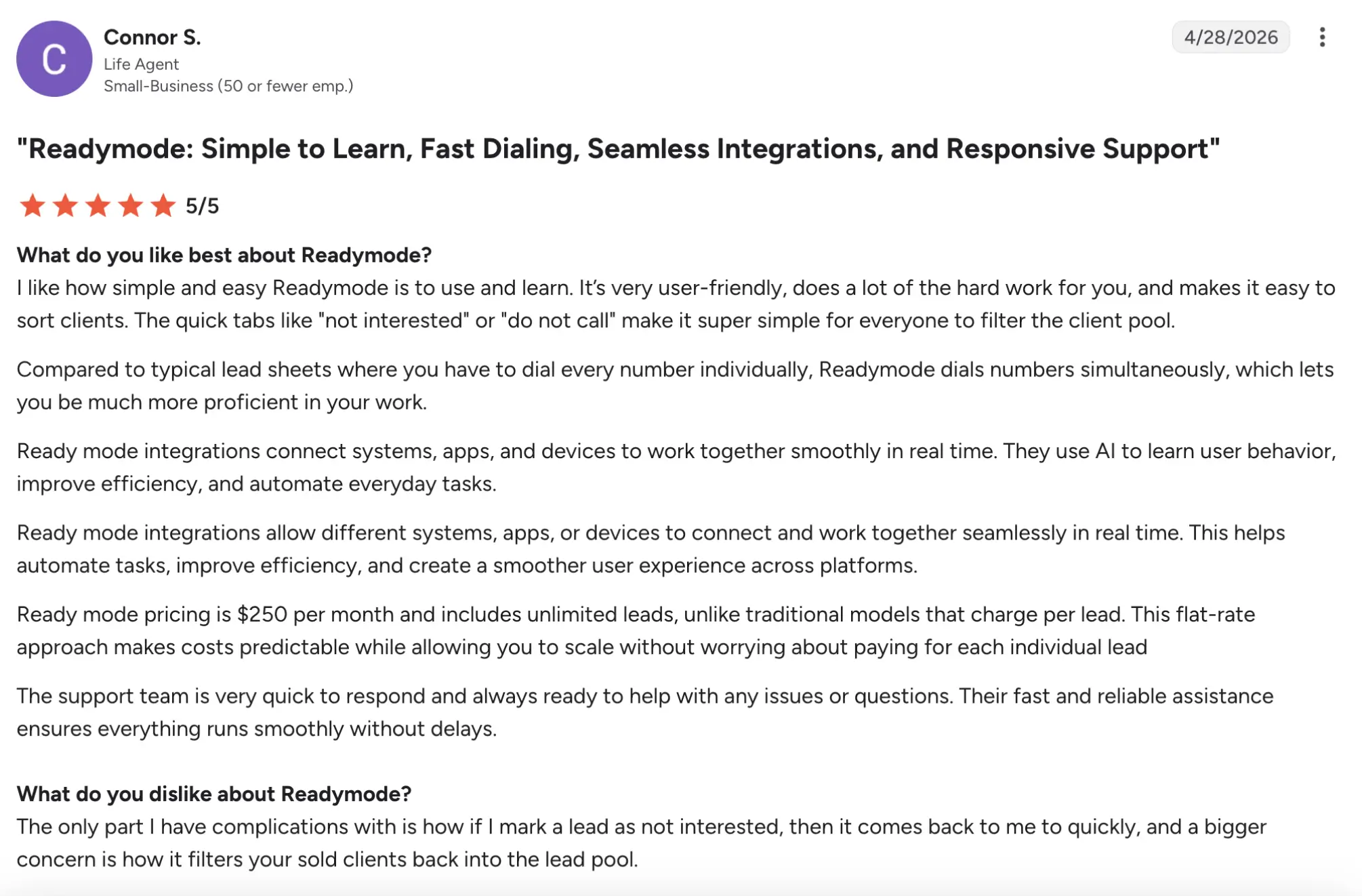 Readymode g2 review – MightyCall LinkedIn-style post by Connor S. about ReadyMode with a 5/5 rating and a multi-paragraph description of its features and benefits (date 4/28/2026).