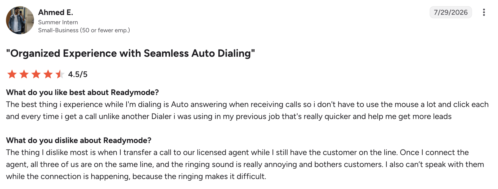 Readymode g2 review – MightyCall Profile: Ahmed E., Summer Intern at a small business, dated 7/29/2026, with a 4.5/5 rating for 'Organized Experience with Seamless Auto Dialing'