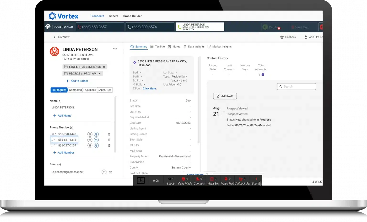 RedX Dialer – MightyCall CRM dashboard showing Linda Peterson's contact card, property details, and activity history.