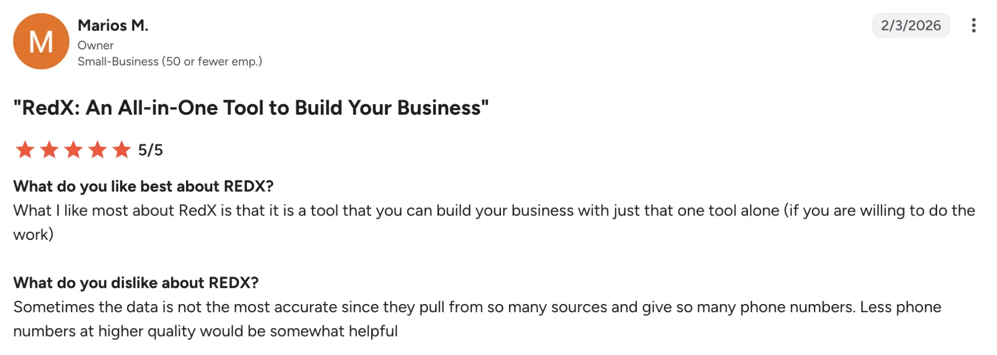 RedX g2 review – MightyCall LinkedIn-style post by Marios M., owner of a small business, dated 2/3/2026, promoting 'RedX: An All-in-One Tool to Build Your Business' with 5/5 stars and two Q&A prompts about likes and dislikes.