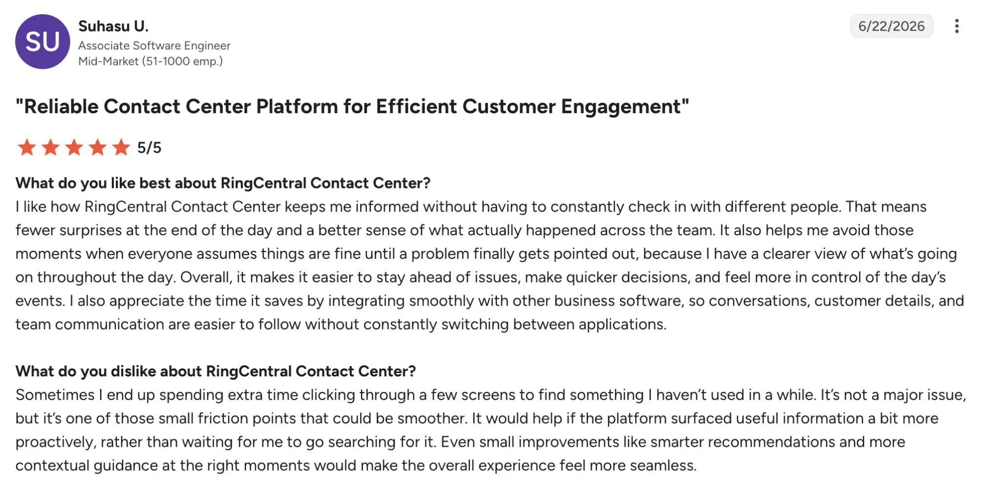 RingCentral g2 review – MightyCall Testimonial card showing user Suhasu U. profile and a five-star review of RingCentral's contact center platform.