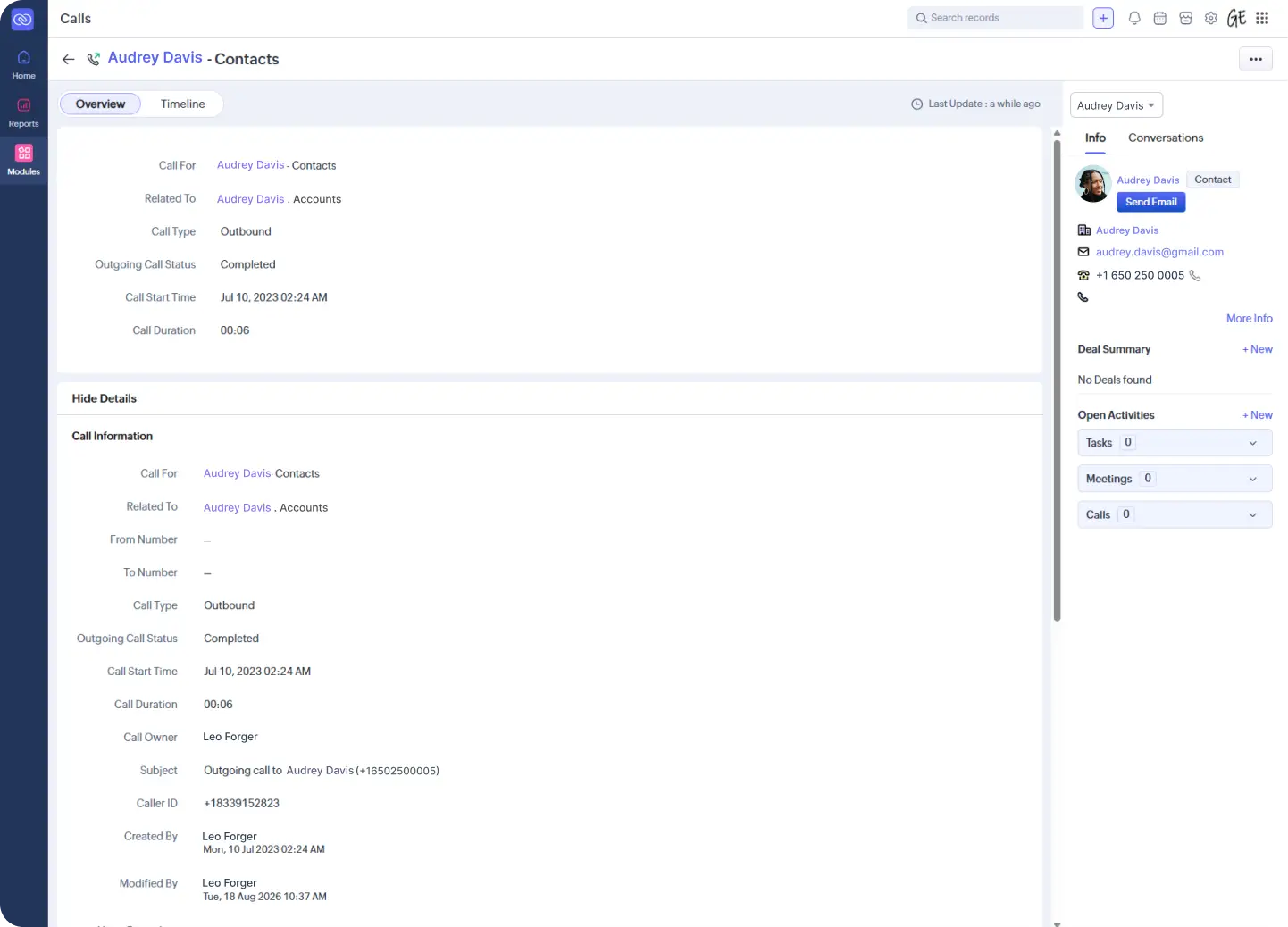 Zoho MIghtyCall integration – MightyCall CRM interface showing Audrey Davis - Contacts with call details: outbound call info, timeline sections, and a right-side contact card containing name, email, phone, and a'Send Email' button.