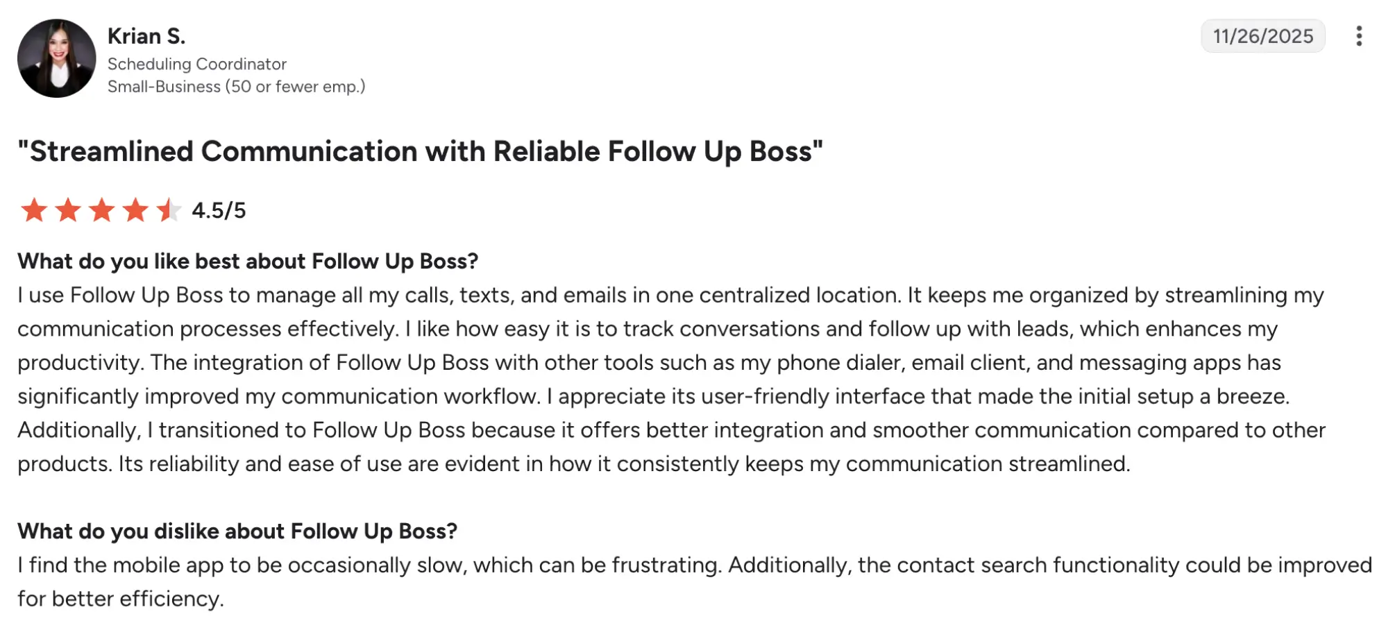FollowUpBoss g2 review – MightyCall Profile header for Krian S., Scheduling Coordinator at a small business, with the testimonial title 'Streamlined Communication with Reliable Follow Up Boss' and a 4.5/5 rating.