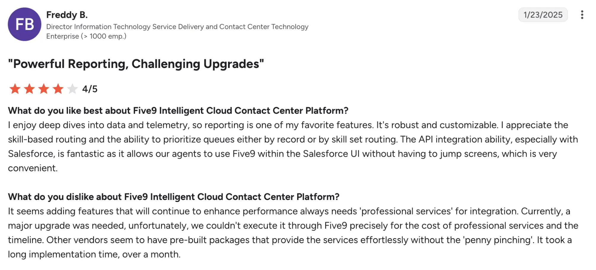 five9 g2 review – MightyCall Freddy B.'s post titled 'Powerful Reporting, Challenging Upgrades' with a 4/5 star rating and the first review paragraph about Five9 Intelligent Cloud Contact Center Platform, date 1/23/2025.