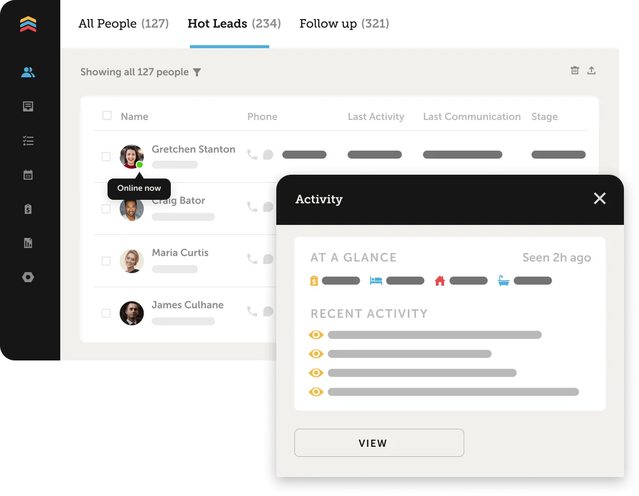followupboss – MightyCall CRM dashboard: left vertical navigation, top tabs (All People, Hot Leads, Follow Up) and a right-side activity modal over a list of contacts with avatars and status dots.
