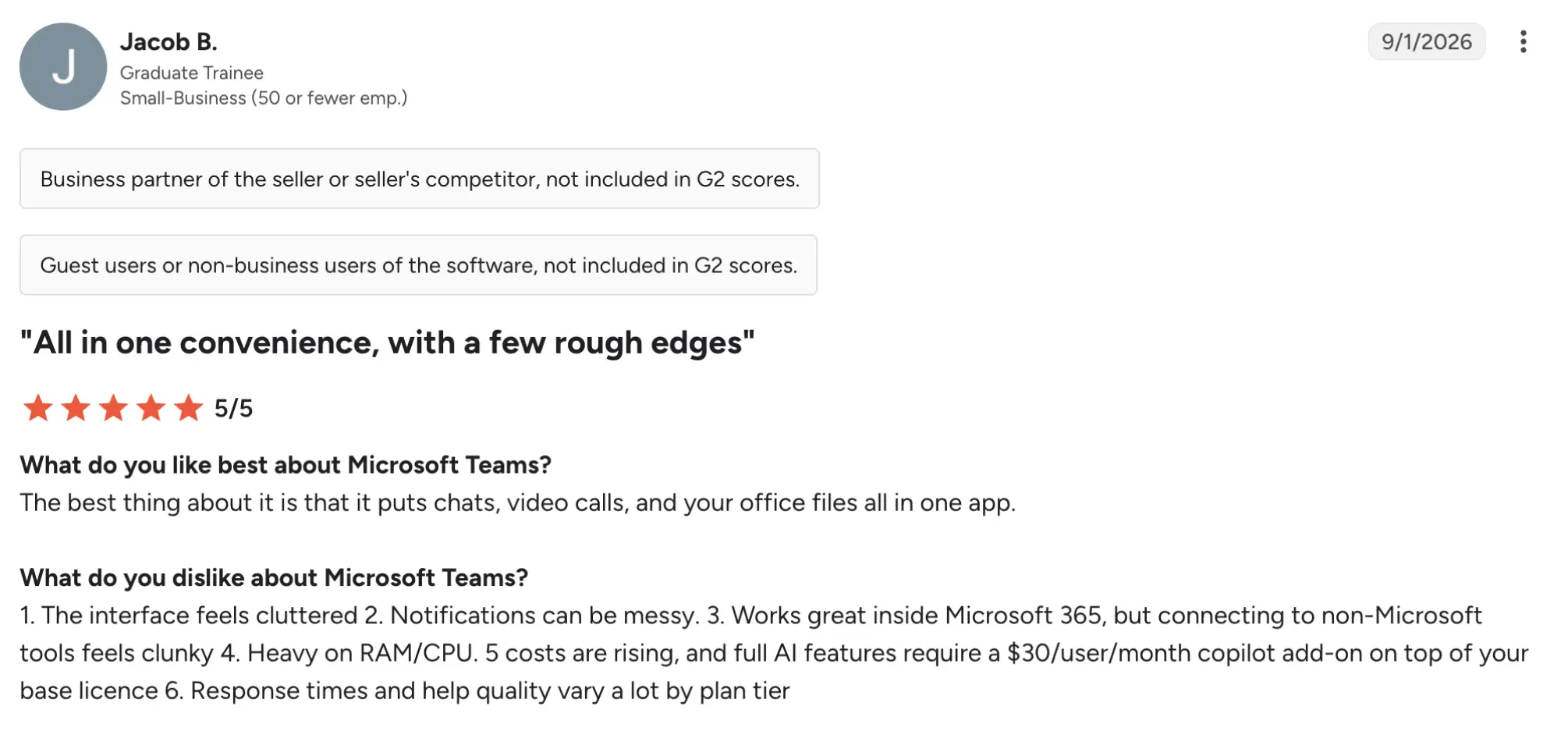 microsoft g2 review – MightyCall Profile header and review content: Jacob B., Graduate Trainee in Small-Business, date 9/1/2026, two info pills about G2 scores, a bold quote, 5/5 stars, and Microsoft Teams review questions.