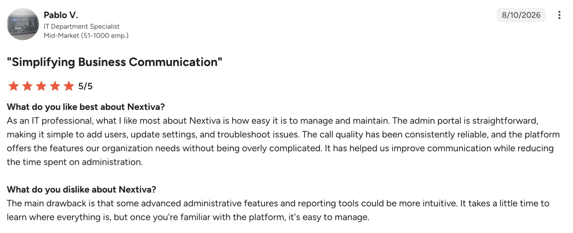 nextiva g2 review new – MightyCall LinkedIn-style post by Pablo V. praising Nextiva with title 'Simplifying Business Communication', a 5/5 rating, and a user testimonial about ease of use and admin tools.