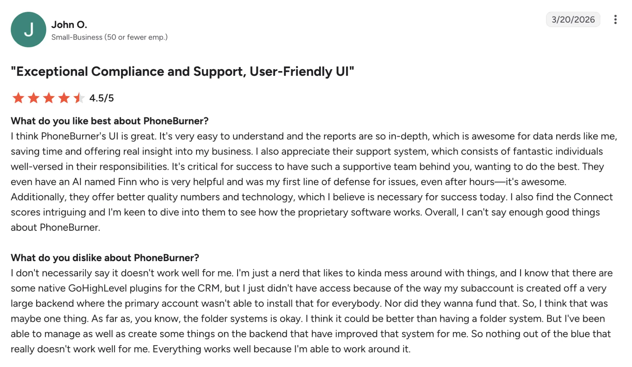 phoneburner g2 review – MightyCall Customer review header: “Exceptional Compliance and Support, User-Friendly UI” with 4.5/5 stars and a quoted testimonial snippet by John O. (Small-Business).