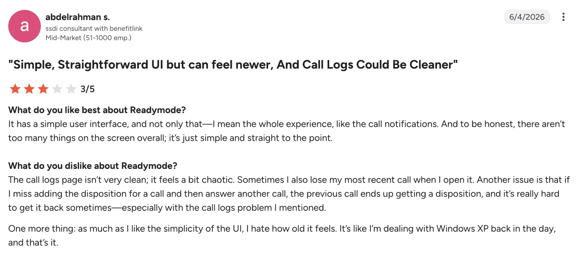 readymode g2 review – MightyCall Review page header with title: “Simple, Straightforward UI but can feel newer, And Call Logs Could Be Cleaner” and a 3/5 rating with user comments about Readymode UI performance and opinions on its simplicity and call logs.