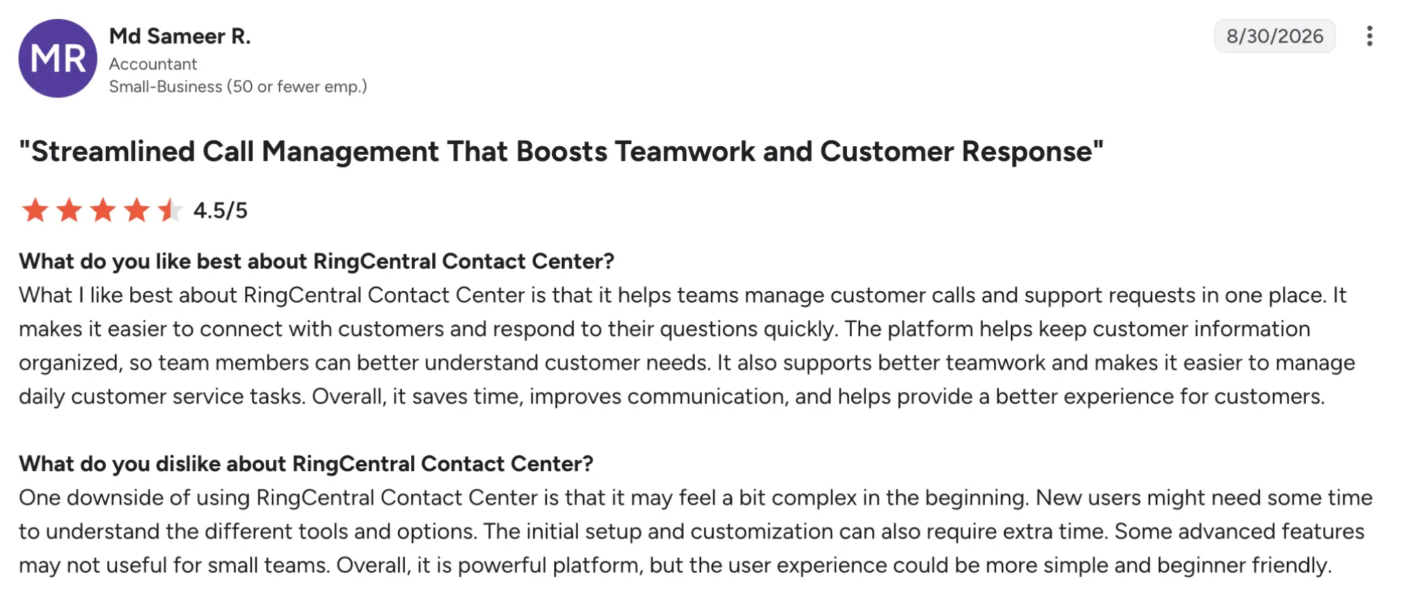 ringcentral cont g2 review – MightyCall LinkedIn-style post by Md Sameer R. about streamlined call management; title and 4.5/5 rating.