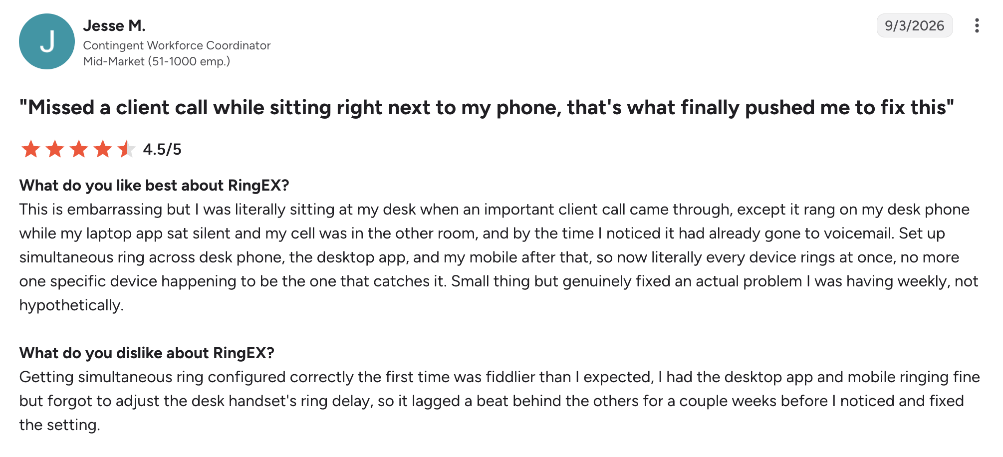 ringcentral g2 review new – MightyCall Profile header for Jesse M., Contingent Workforce Coordinator; date 9/3/2026; headline: 'Missed a client call ... fixed this'; 4.5/5 rating with stars; first Q&A section visible.