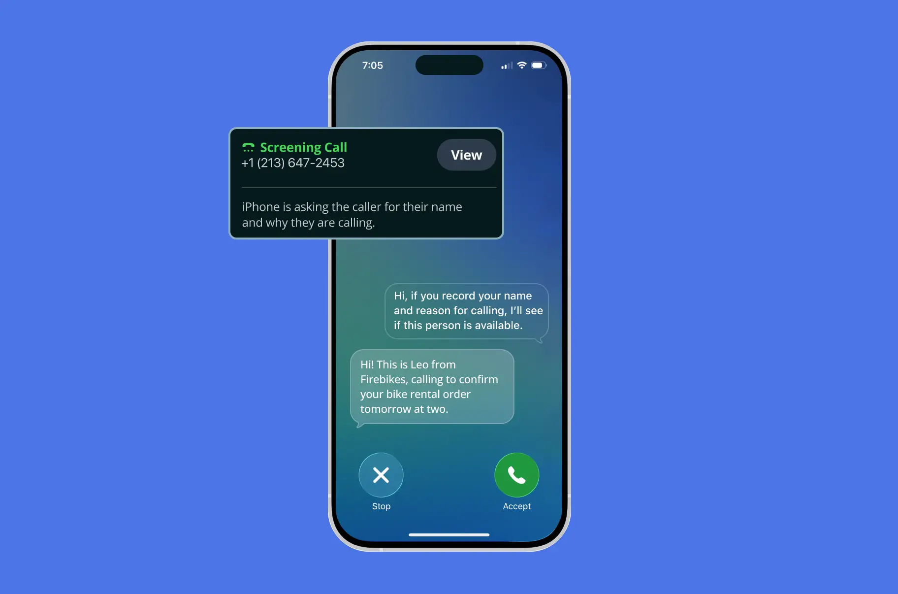 AI Call Screening_ios – MightyCall iPhone screen showing a call-screening alert with number +1 (213) 647-2453 and a View button