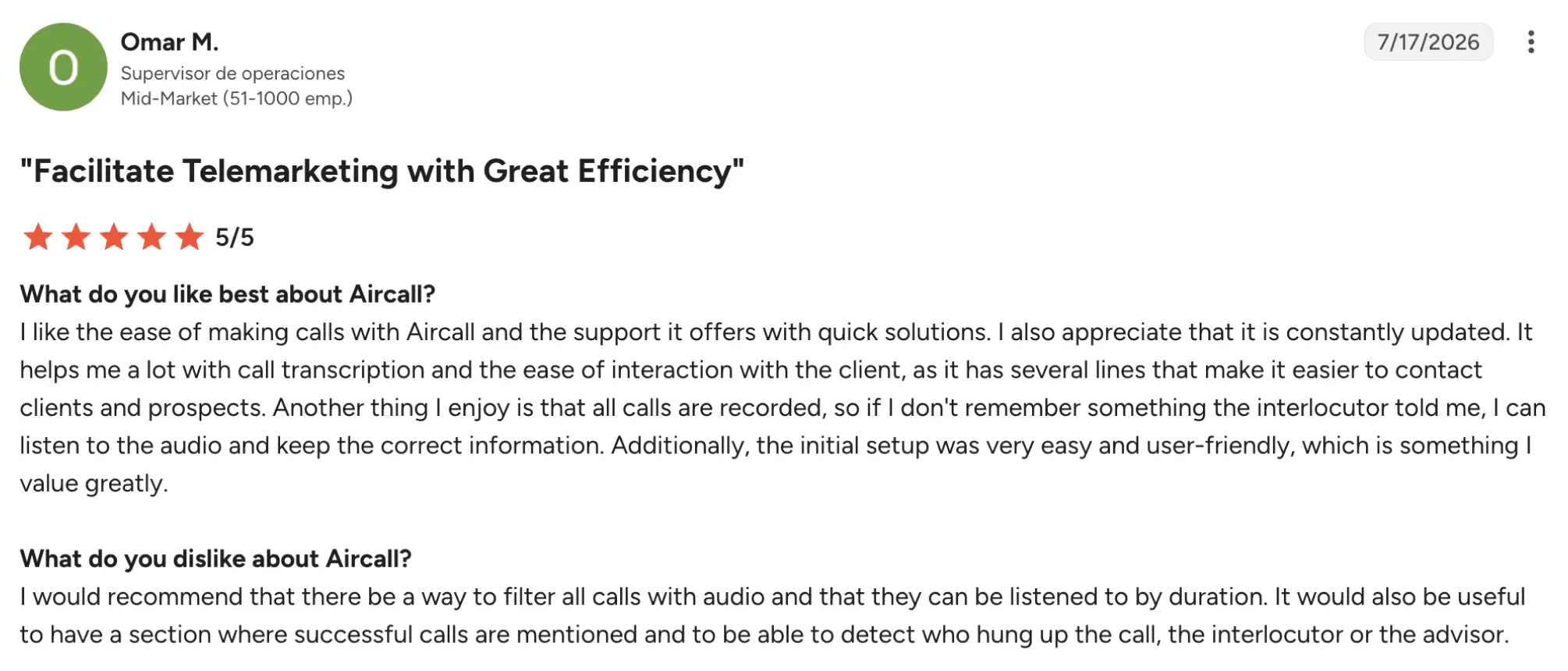 Aircall g2 review – MightyCall Profile card: Omar M., Operations Supervisor, Mid-Market, 7/17/2026, stars 5/5, testimonial headline about facilitating telemarketing with great efficiency.