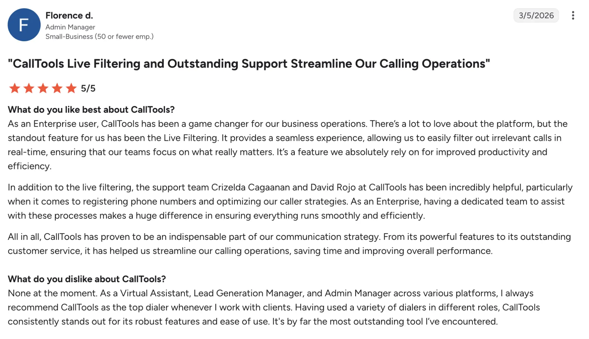 CallTools g2 review – MightyCall LinkedIn-style testimonial from Florence d., Admin Manager, dated 3/5/2026, praising CallTools’ live filtering with a 5/5 rating and Q&A content.
