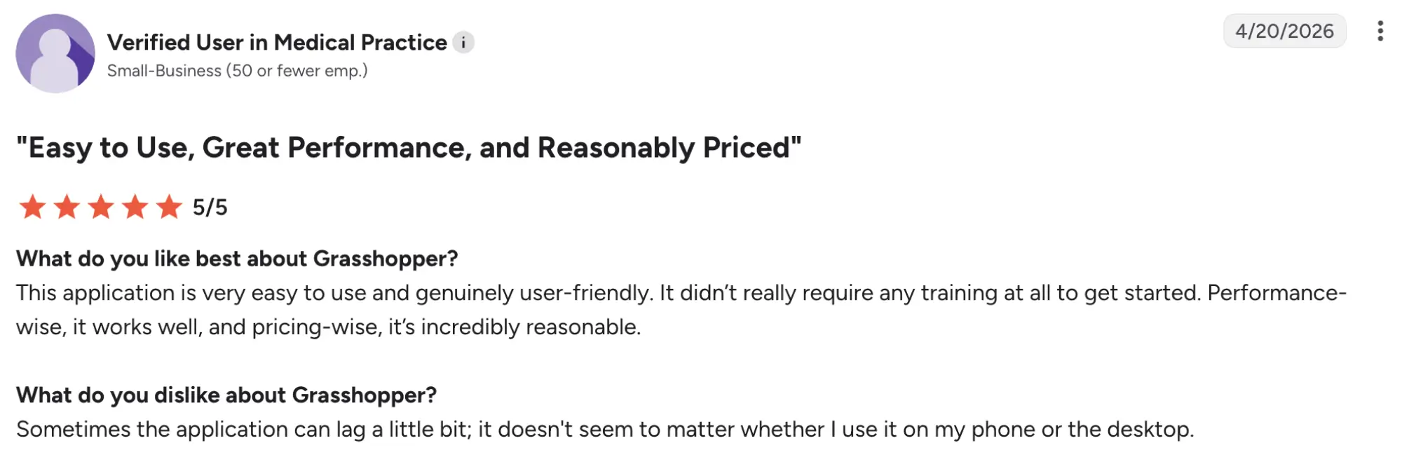 Grasshopper g2 review – MightyCall Verified user in a medical practice gives Grasshopper a 5/5 rating, praising ease of use, performance, and pricing.
