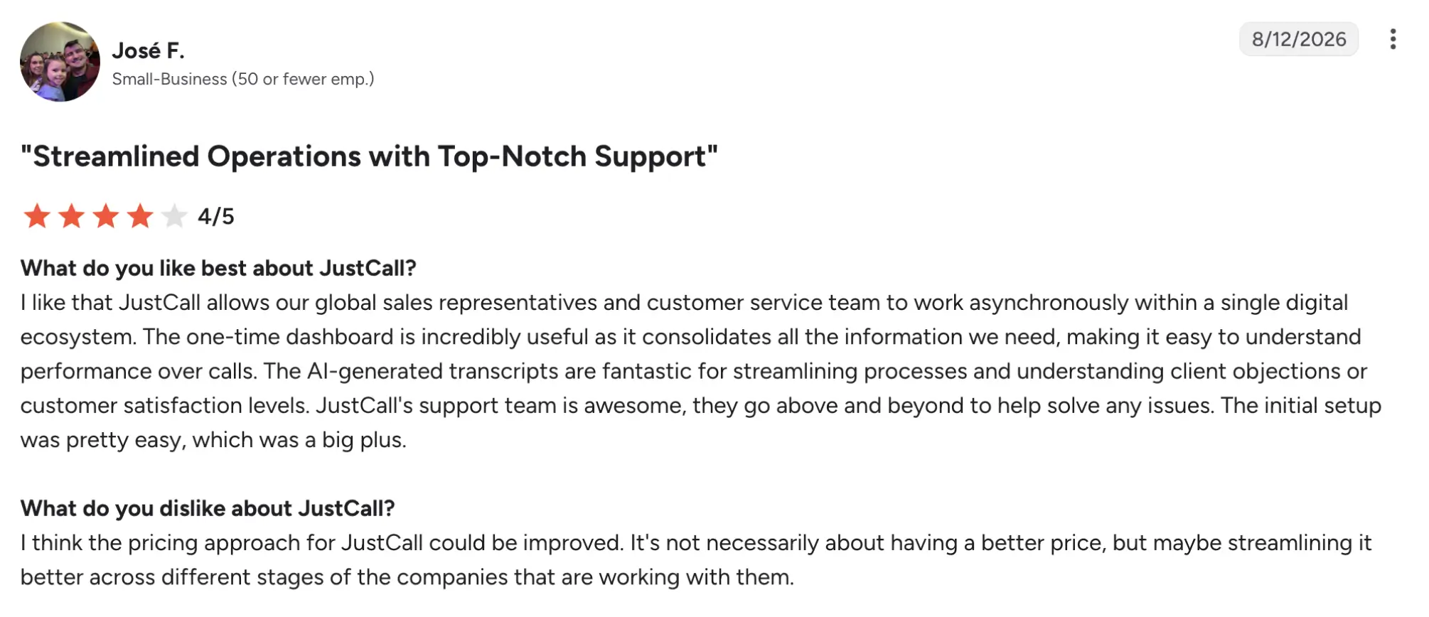 JustCall new g2 review – MightyCall Testimonial by José F., a small-business owner, praising 'Streamlined Operations with Top-Notch Support' with 4 of 5 stars on the review card.