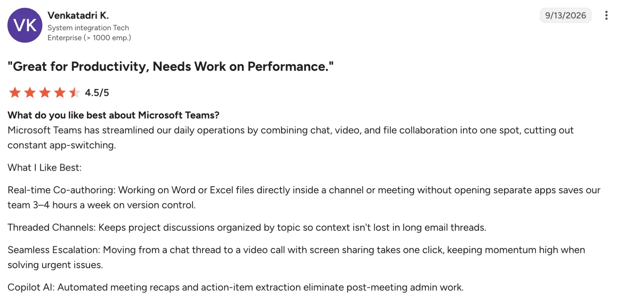 Microsoft g2 review – MightyCall Quote:'Great for Productivity, Needs Work on Performance.' with 4.5/5 stars and a summary of Microsoft Teams features in a review style.