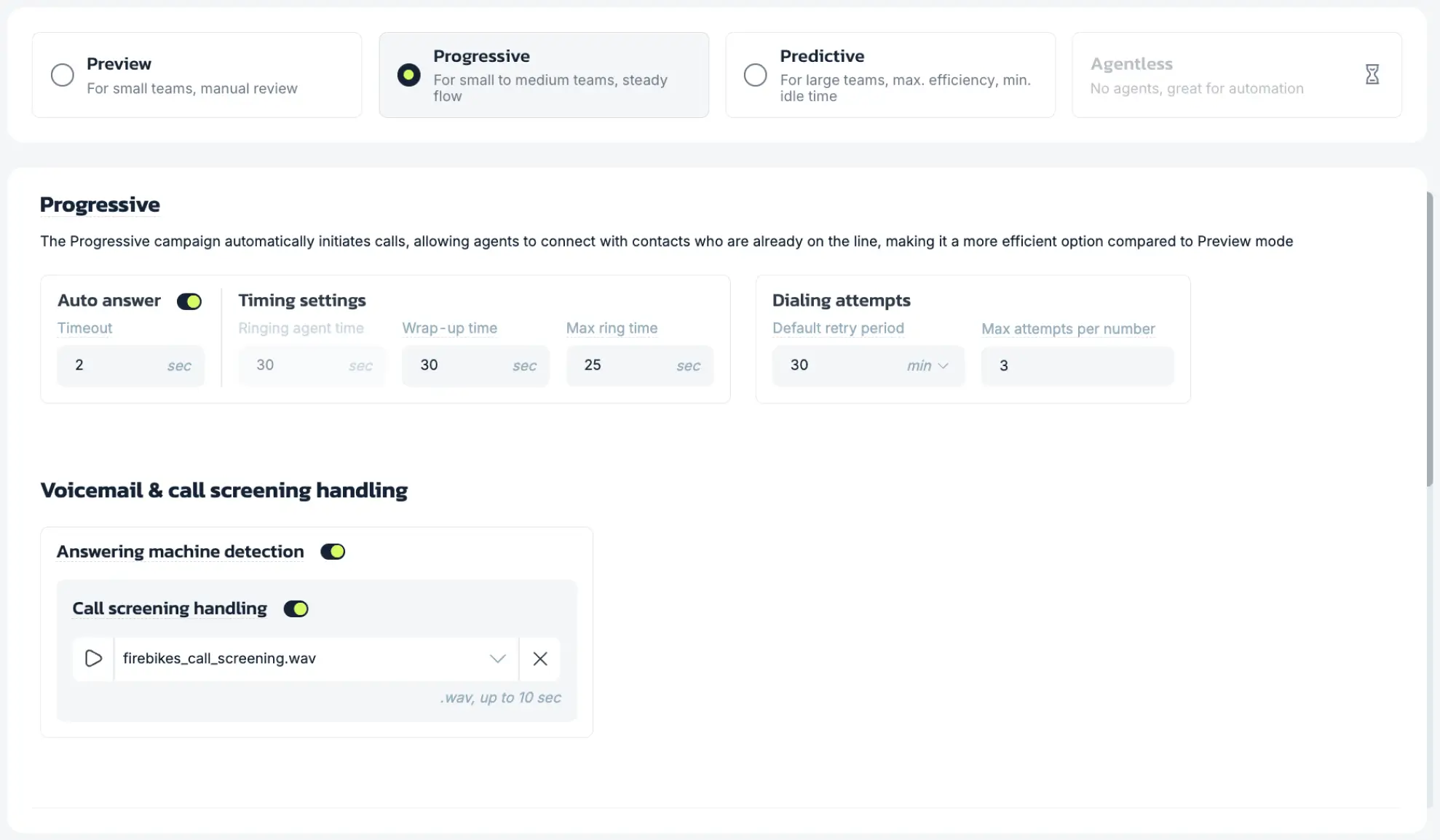 MightyCall ai call screening settings – MightyCall Progressive settings page with Auto answer on, timing and dialing options (30s, 30s, 25s; 30 min, 3 attempts) and voicemail screening controls with a call screening audio file (firebikes_call_screening.wav).