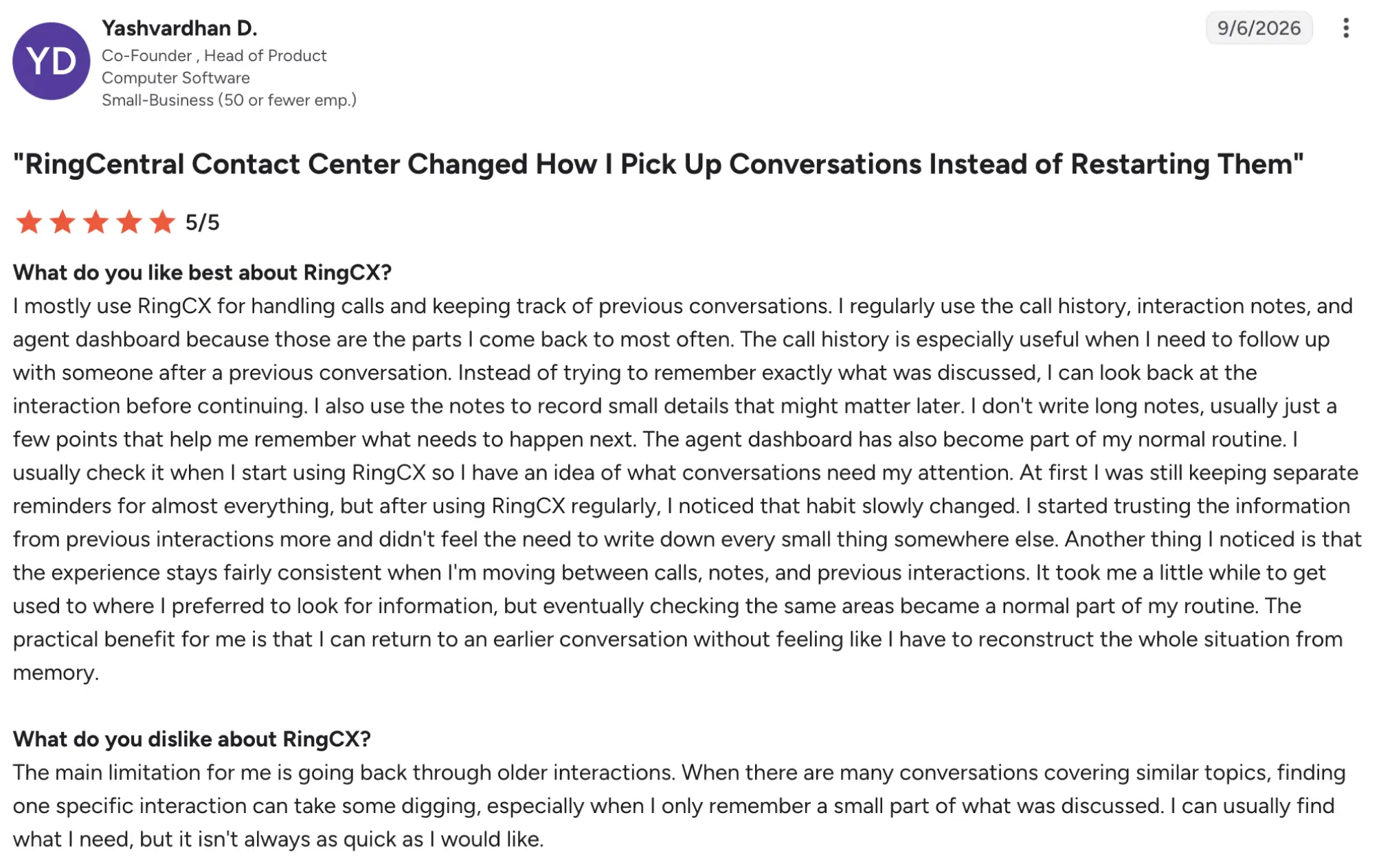 Ringcentral CC g2 review – MightyCall Post header showing author Yashvardhan D. and a 5/5 rating for a RingCentral testimonial article titled'RingCentral Contact Center Changed How I Pick Up Conversations Instead of Restarting Them'