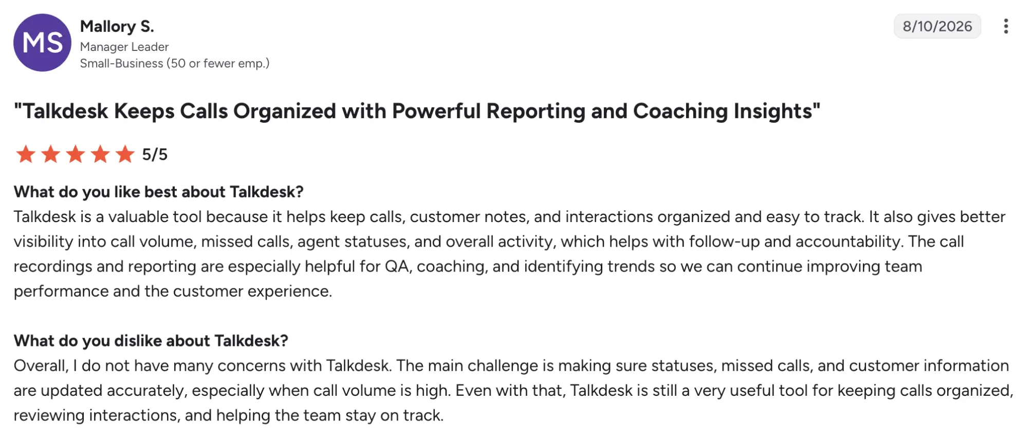 Talkdesk new g2 review – MightyCall Mallory S.’s Talkdesk review header with a 5-star rating and notes on reporting and coaching insights.