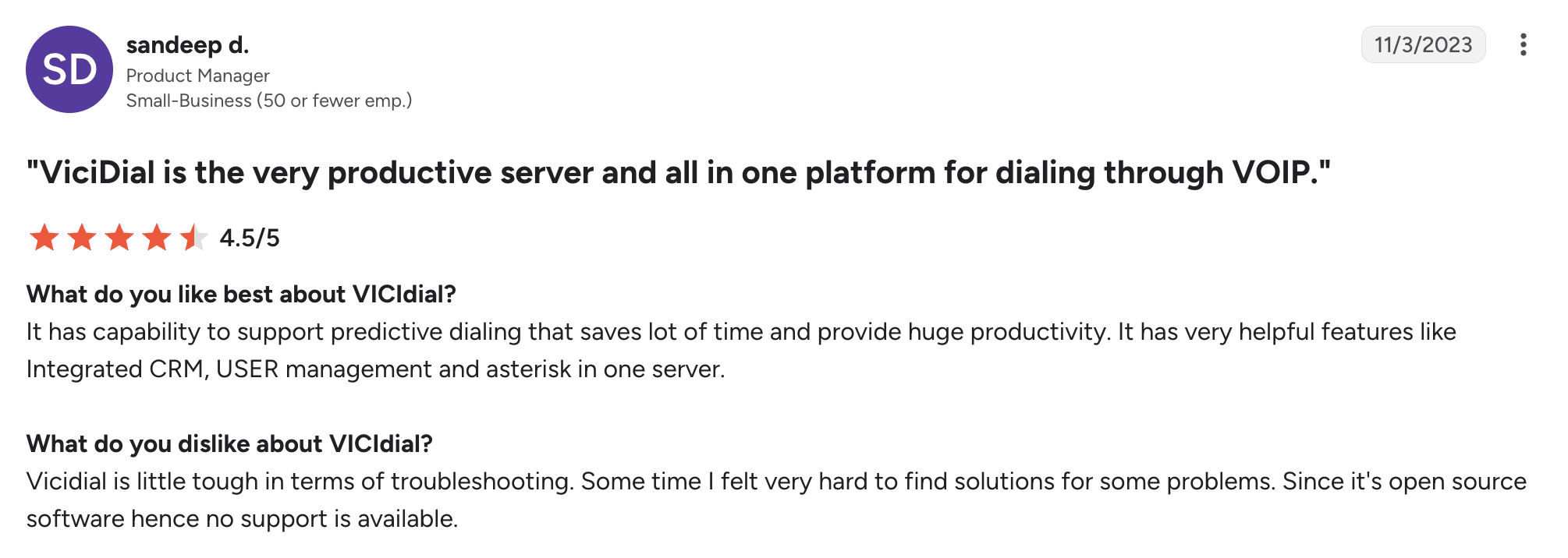 Vicidial g2 review – MightyCall Testimonial card from Sandeep D., Product Manager, praising VICIdial as a productive all-in-one VOIP platform with a 4.5/5 rating and sections on what they like and dislike.