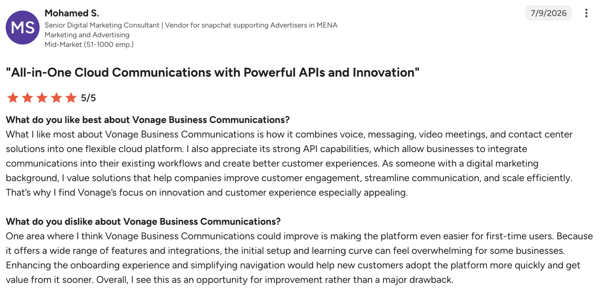 Vonage g2 review – MightyCall LinkedIn-style post header for Mohamed S. with purple MS avatar, job title, bold article title, and a 5/5 rating.
