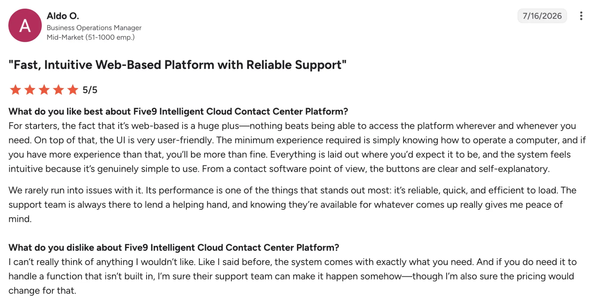 five9 new g2 review – MightyCall Customer review header: 'Fast, Intuitive Web-Based Platform with Reliable Support' with 5/5 stars and a question about what users like best about Five9 Cloud Contact Center platform.